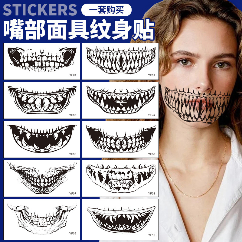 Funny Halloween Tattoo Stickers in Stock Wholesale Waterproof and Sweat-Proof Day of the Dead Scar Face Tattoo Stickers Custom-Made