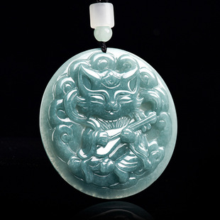 Natural A-Grade Jadeite Blue Water Pipa Fox Nine-Tailed Fox Pendant Waxy Jade Pendant Cute and Personalized Women's Model