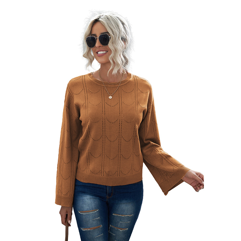 时颖欧美纯色毛衣女春秋新款亚马逊纯色圆领喇叭袖镂空针织上衣女