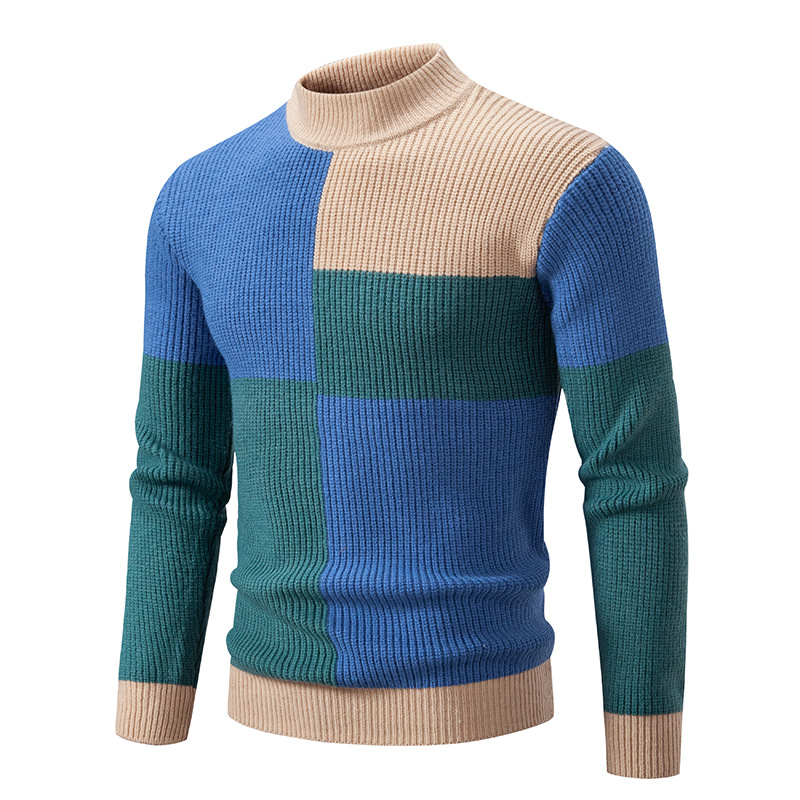 Vintage-Inspired Contrast Color Mock Neck Sweater For Men - Breathable Knit Pullover With Slim Fit, Soft Textured Fabric For Casual Wear_voghion.com