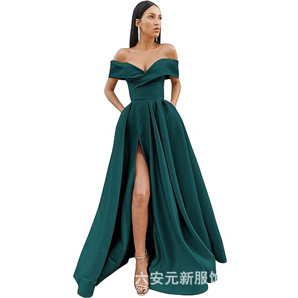 Amazon Comercio exterior fuera del hombro prom vestido de noche largo split sexy Fiesta de las mujeres vestido de banquete