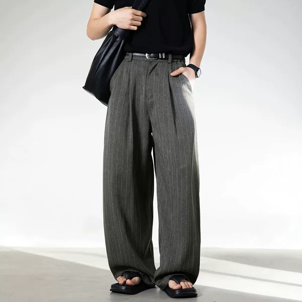 Vintage Striped Drapey Men's Trousers, New Spring Style, Textured Loose Old Money Style Casual Pants, Trendy Straight-Leg Long Pants