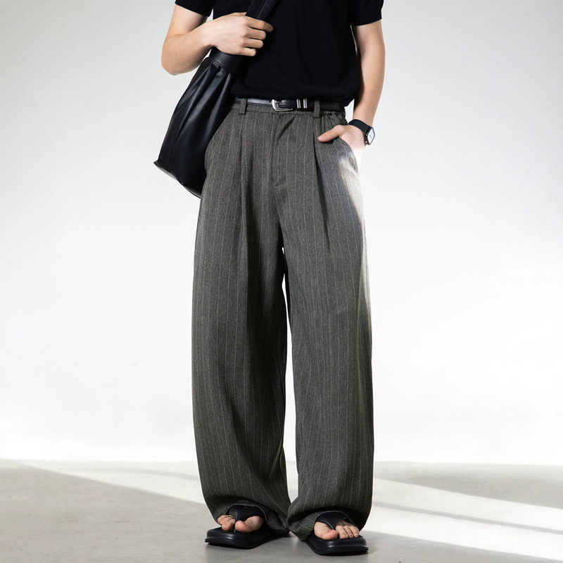 Vintage Striped Drapey Men's Trousers, New Spring Style, Textured Loose Old Money Style Casual Pants, Trendy Straight-Leg Long Pants Vintage Striped Drapey Men's Trousers, New Spring Style, Textured Loose Old Money Style Casual Pants, Trendy Straight-Leg Long Pants
