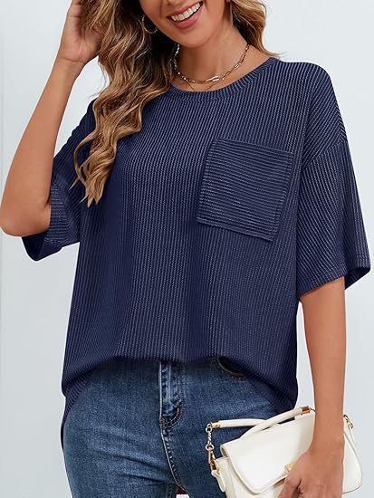 cross-border European And American Women's Summer Short-sleeve Pocket Top, Oversized Round-neck Textured Casual_ecoleips.com