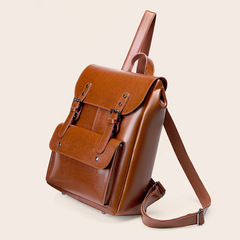 Large Capacity Women's Dual Strap Bag British Style Retro Neutral Double Strap Bag Genuine Leather Durable Calfskin Computer Backpack College Style