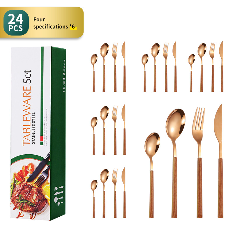 Transfronterizo imitación mango de madera de acero inoxidable traje de vajilla occidental 24 piezas cuchillo de carne tenedor cuchara postre tenedor cuchara caja de regalo