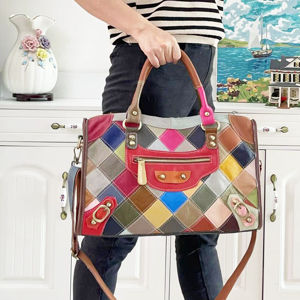 European And American Style Motorcycle Bag For Women, Genuine Leather Handbag, Colorful Cowhide Quilted Patchwork Shoulder And Crossbody Bag - Thumbnail 3