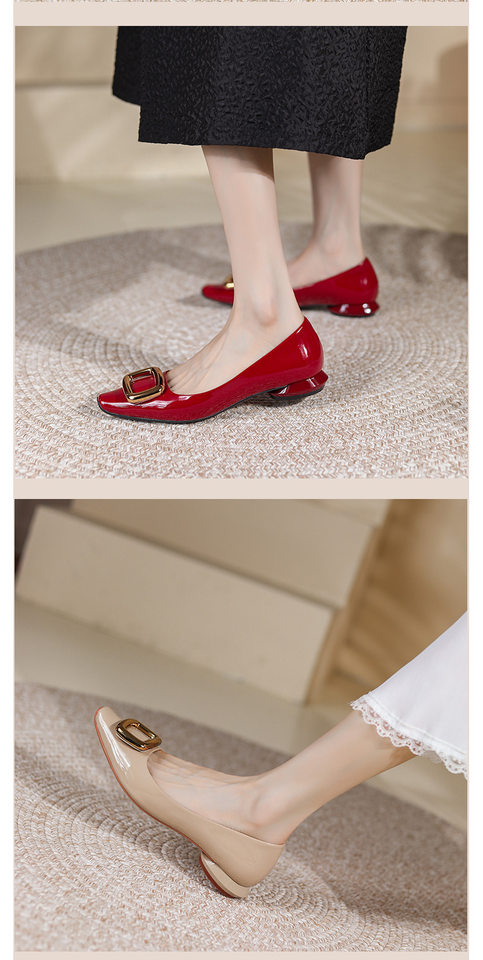 Giày cao gót nữ mũi vuông khóa vuông, da sáng chế, gót thô 6–8 cm — màu kaki, màu đỏ tía, đen chi tiết 6