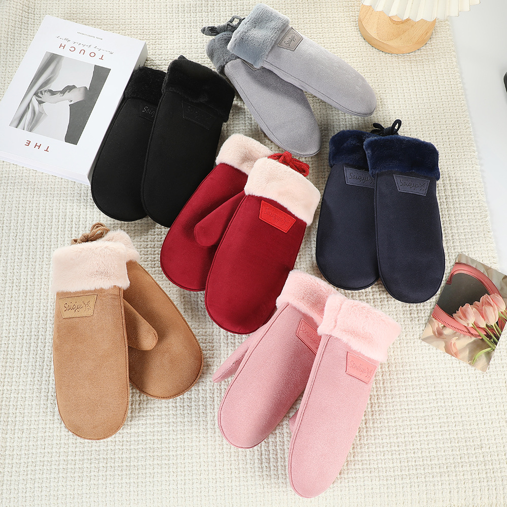 Invierno forrado de lana mitones completo anti-viento guantes fríos chica suave monocromo gamuza Halter mitones