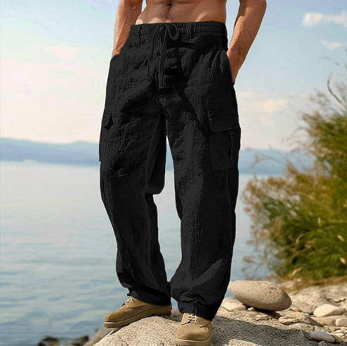 Amazon New Men's Cotton and Linen Four Seasons Thin Breathable Workwear Multi-Pocket Loose Casual Trendy Wide Leg Pants