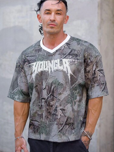 YOUNGLA American fashion brand oversized T-shirt Men's sports fitness quick-drying breathable large mesh digital printed short sleeves