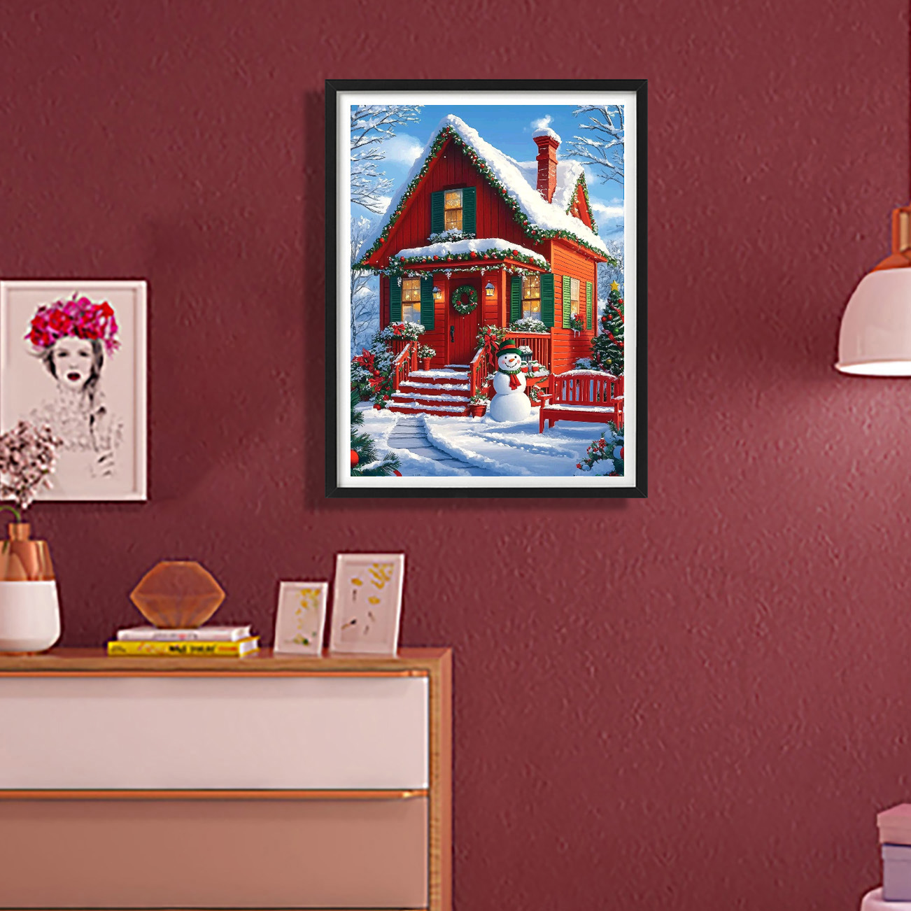 Ventas transfronterizas Amazon mayorista Navidad nuevo bordado cruzado Navidad casa roja paisaje de nieve Europa y América pintura decorativa de paisaje de nieve