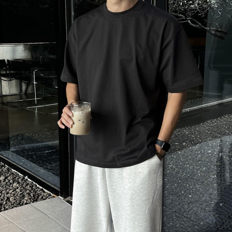 BJ简约休闲纯色短袖男夏季宽松圆领半袖上衣韩系通勤风纯棉T恤