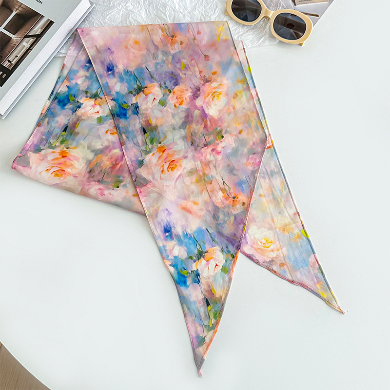 Bufanda de seda, banda larga, sentido de alta calidad, flor de doble cara, sentido de la atmósfera coreana, pañuelo, cinturón para el cabello, bufanda decorativa, bufanda fina, chal