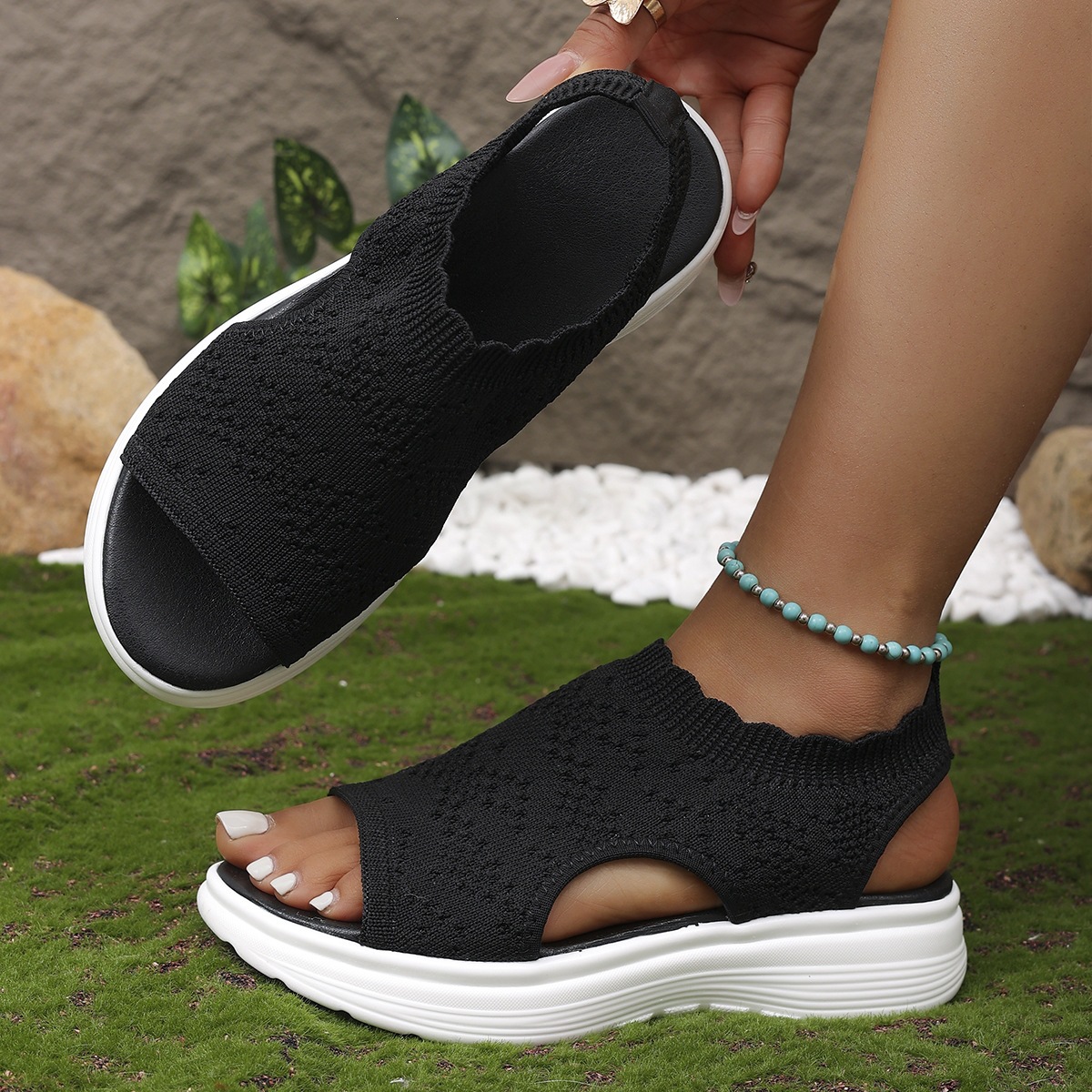 Sandalias de Cuña Tejidas para Mujer Talla Grande de Tela y Caucho con Suela Gruesa para Verano image 7