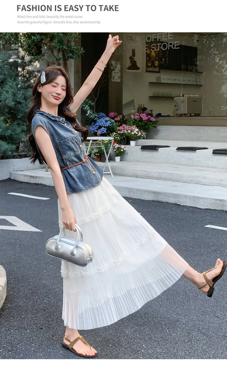 Bộ yếm quần denim không tay kết hợp chân váy ngắn nữ 2 món mùa hè 2026 — Màu ảnh chi tiết 13