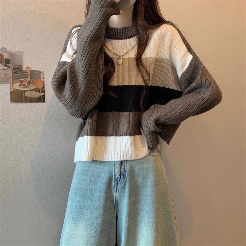 【 Cashmere Family 】 Round neck short wool base sweater women's striped loose soft and thick knit inner layer_voghion.com