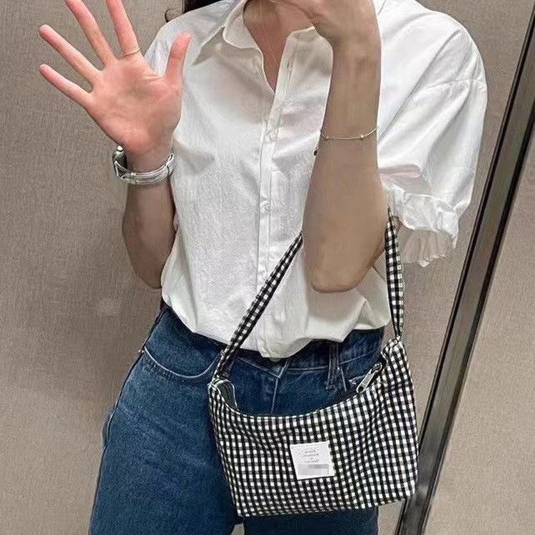 韓国 emis チェック柄脇の下バッグかわいい女の子ハンドバッグ 2025 新しい通勤ハンドバッグ女性のバッグショルダーバッグトレンディな|undefined