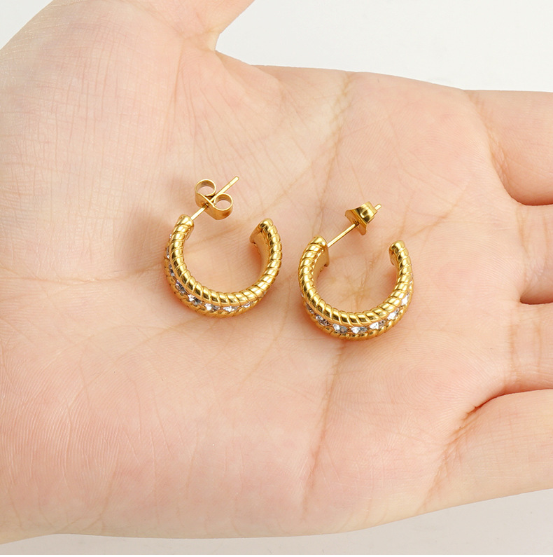 1 Pair Quantity Daily Occasion Stainless Steel Material 1 Pair Fashion C Shape Plating Inlay Stainless Steel Rhinestones Ear Studs