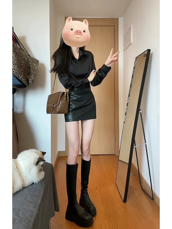 甜辣妹风感纯欲套装气质翻领长袖衬衫女春秋收腰pu皮裙两件套|undefined