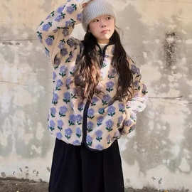 小清新立体花朵撞色百搭羊羔毛外套女2025冬季新款小个子保暖棉衣