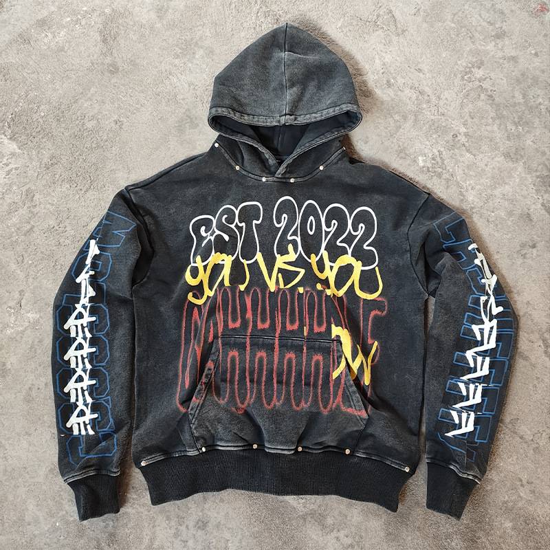 Custom Men's Street Fashion Heavy Acid-Washed Vintage Distressed Digital Print French Terry Sweatshirt Hoodie