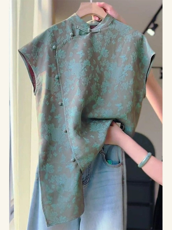 2025 夏服ユニークでシックな美しいトップス新しい中国風の女性の国民風バックルブルーシャツ女性のデイリートップス|undefined