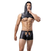男士漆皮低腰性感镂空开档平角内裤连帽上衣夜店表演套装一件代发