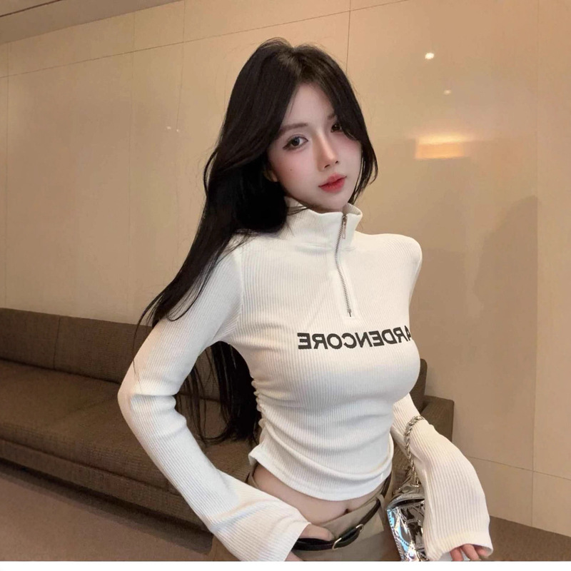 Hot Girl White High-Neck Half Cardigan Zipper Tight Printed Bottoming Short Top Pure Desire Slim Long-Sleeved T-Shirt for Women Hot Girl White High-Neck Half Cardigan Zipper Tight Printed Bottoming Short Top Pure Desire Slim Long-Sleeved T-Shirt for Women