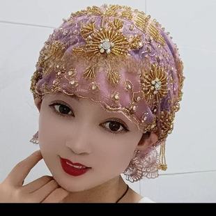 New Cross-Border Embroidered Fishtail Double-Layer Tassel Baotou Internet Celebrity Lace Handmade White Hair Breathable Headscarf Western Style Hat