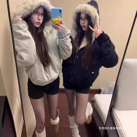 国潮座山雕毛绒连帽棉服男女2025冬季美式设计感加厚棉衣