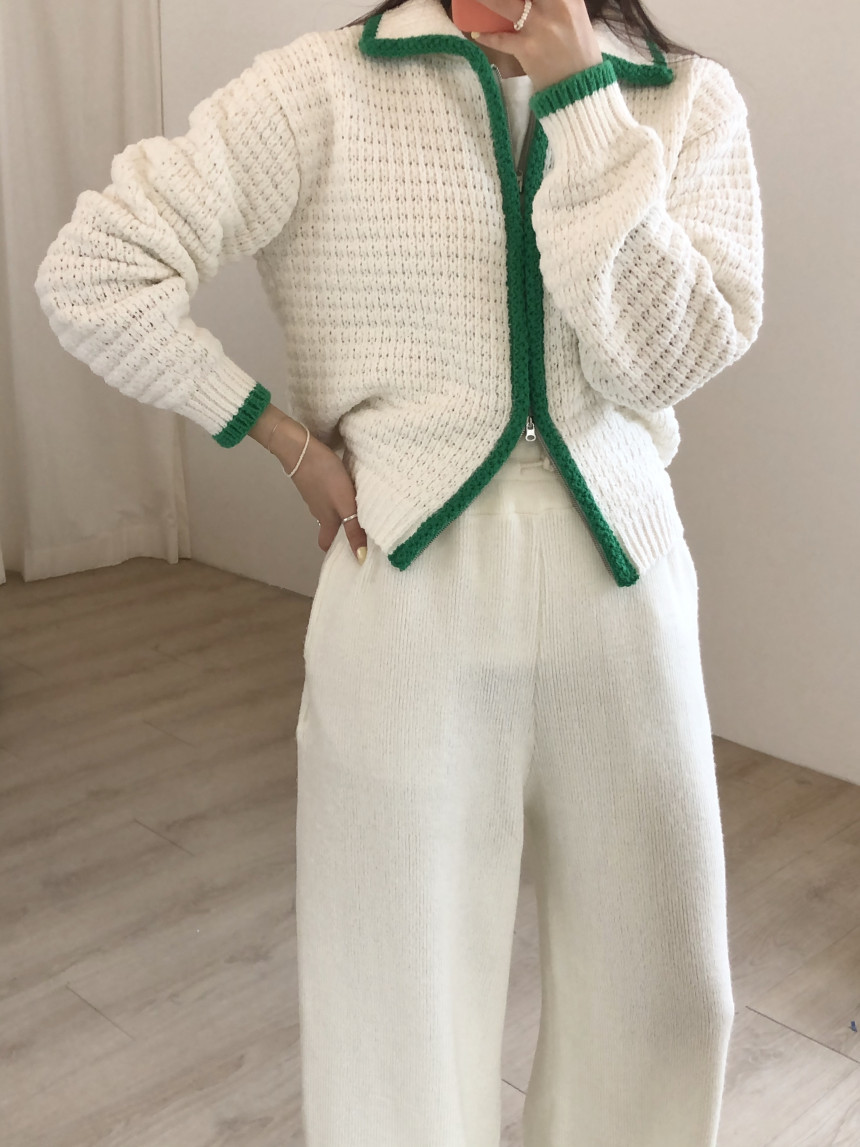 Contrast Thick Needle Zipper Cardigan Sweater Coat