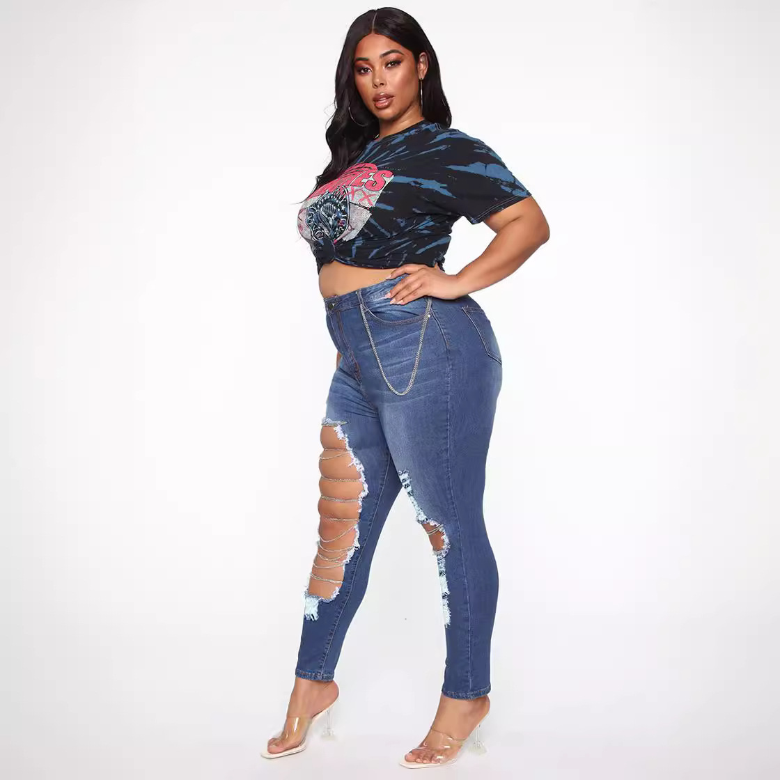 European And American 2023 Early Spring Style Ripped Jeans For Women With Chain Accessories, Stretch Cotton_voghion.com