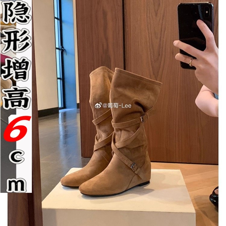 葡萄妈同款惠州女鞋增高6cm~圆头靴子女褶皱显瘦中筒靴女高跟靴|undefined