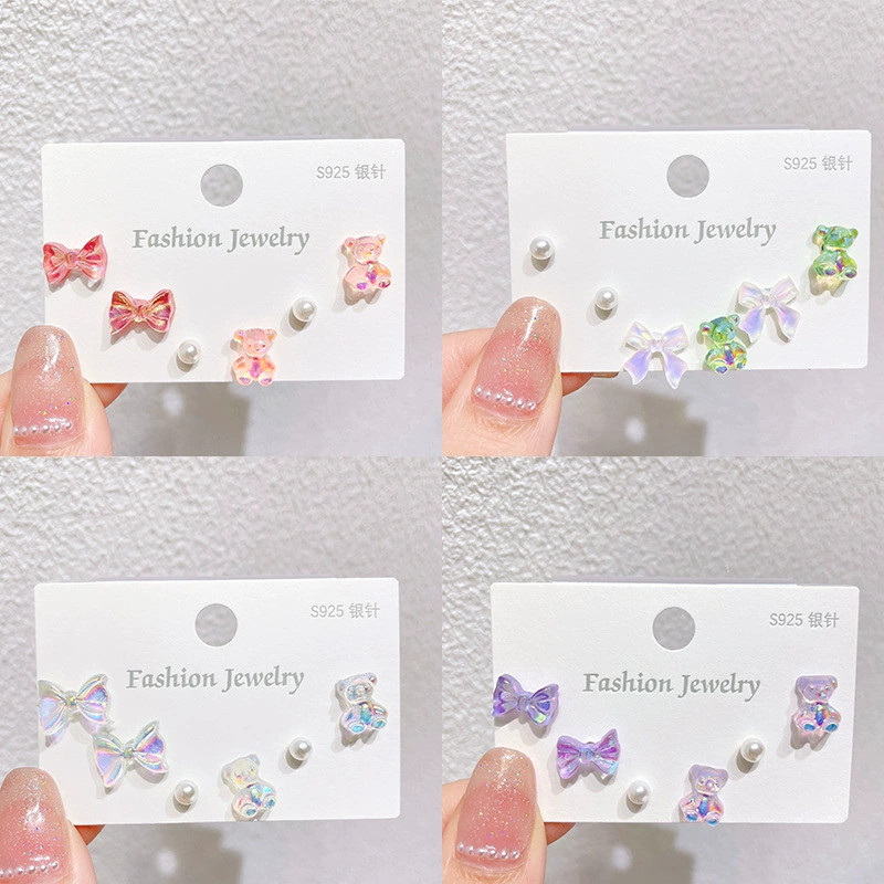 Cartoon brand cute silver needle, earrings, set, gradient