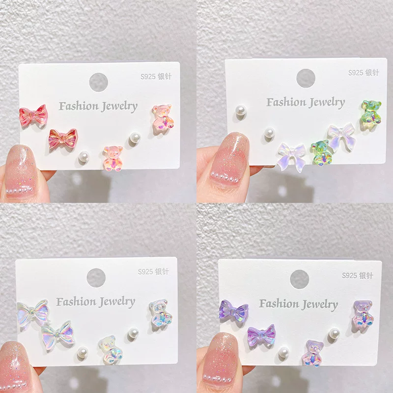 Cartoon brand cute silver needle, earrings, set, gradient