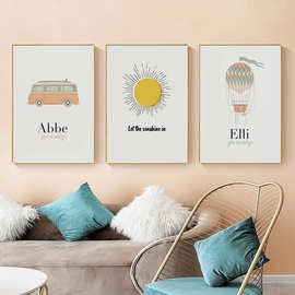 现代简约北欧卡通热气球汽车太阳卡通儿童房海报装饰画图片画芯