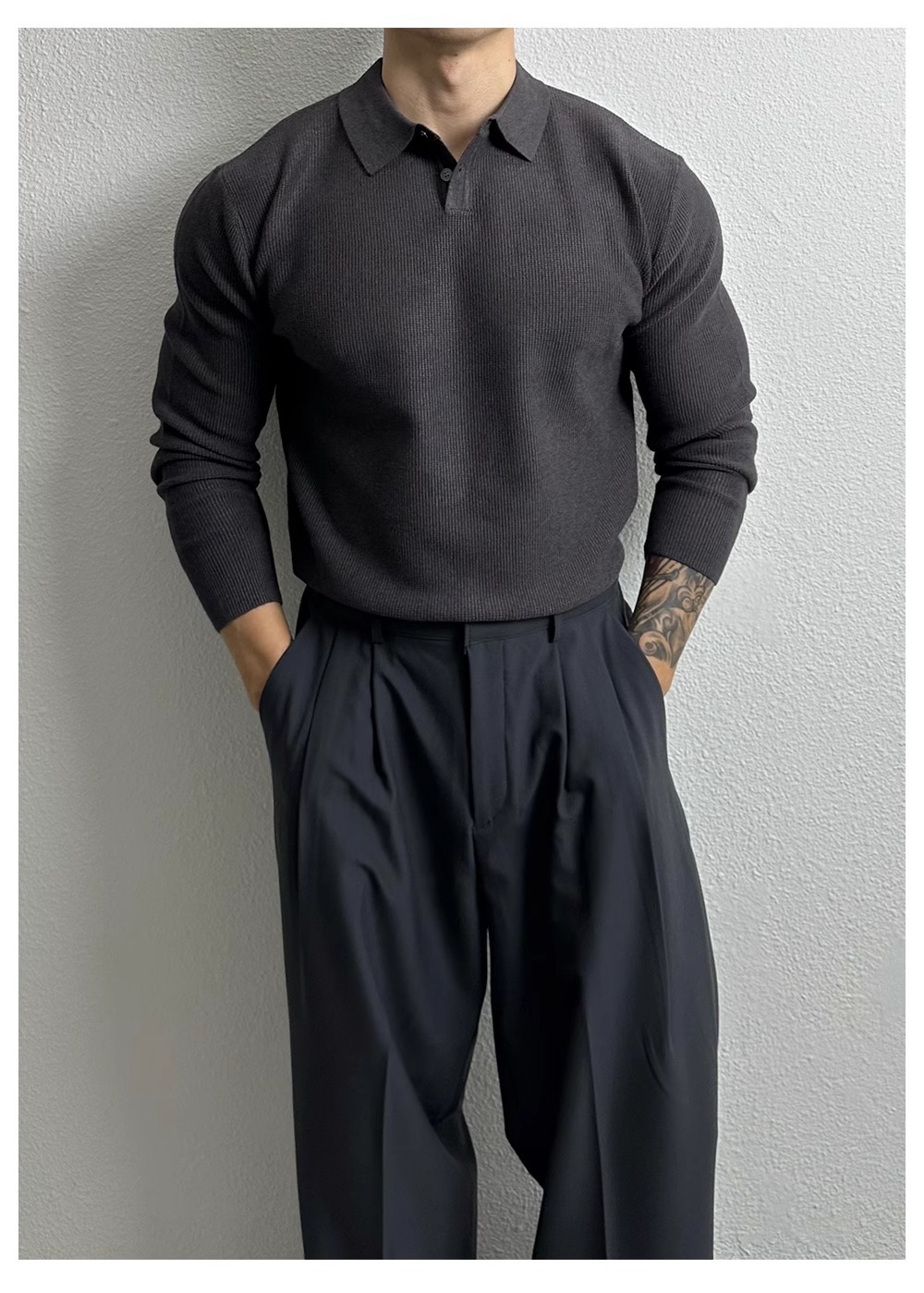 Oversized Polo Knit Sweater For Men – Business Casual Long Sleeve Pullover, Plus Size European Fit (Black/Beige/Gray)_viptrois.com