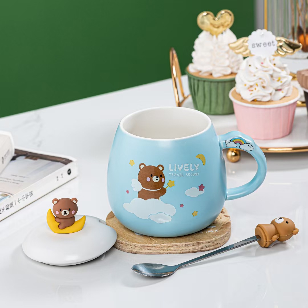 Creativo lindo dibujos animados Luna oso lindo Taza de cerámica regalo Oficina taza con tapa cuchara taza