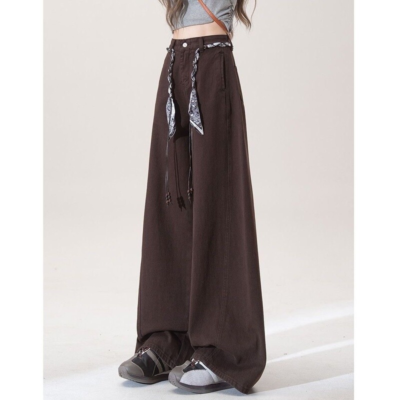 Vintage Brown Coffee-Colored Wide-Leg Scimitar Jeans for Women, 2026 Spring/Summer New Style, Loose Fit, Slimming, Versatile, Floor-Length Pants