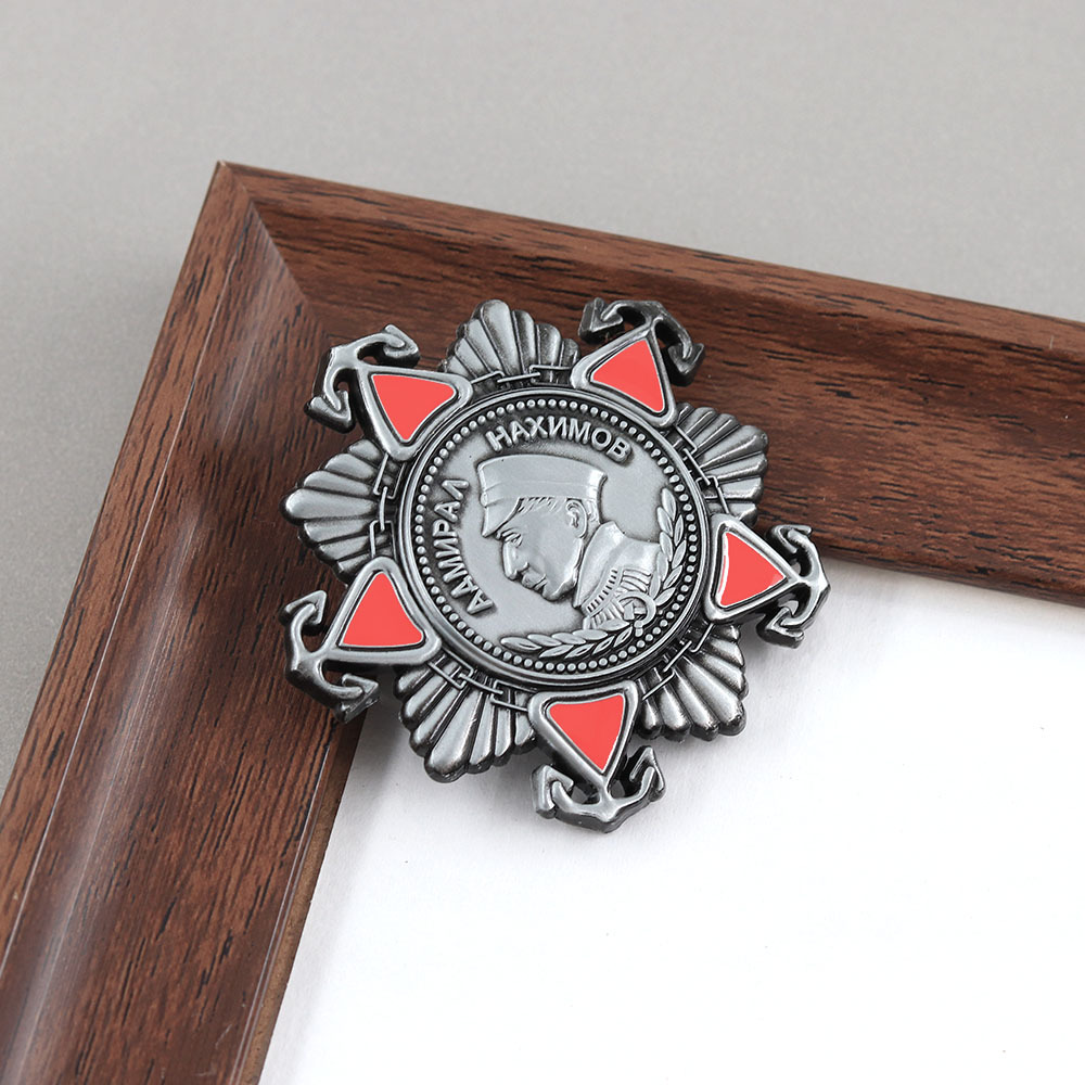 Replica of the Soviet Nakhimov Medal, Vintage Distressed Craftsmanship, Red Enamel Commemorative Badge Collection Pin