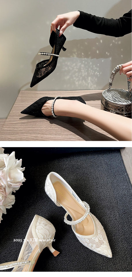 Giày cao gót mũi nhọn lưới nữ gót nhọn thấp quai ngang đính chuỗi ngọc trai — Màu mơ, Màu đen chi tiết 12