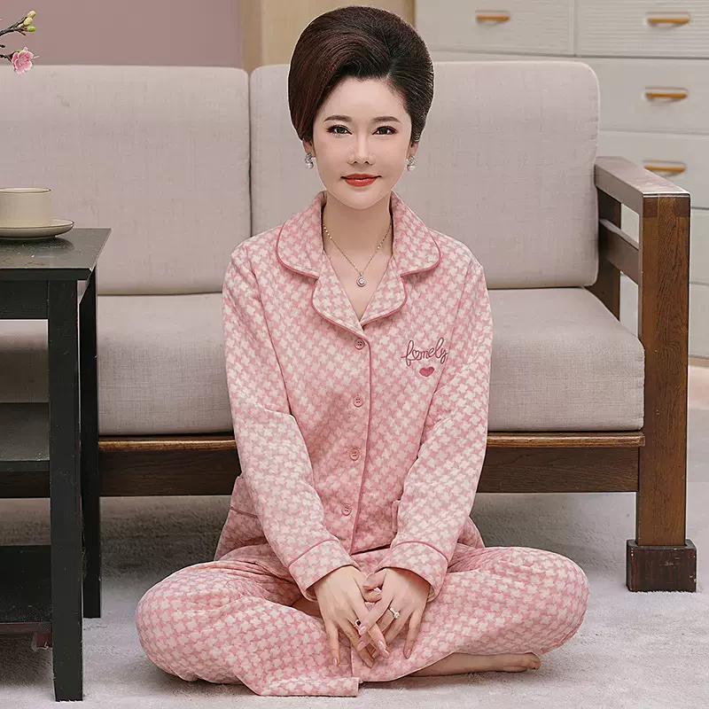 妈妈睡衣女秋冬季中老年空气棉加厚大码薄款夹棉可外穿女夹层套装