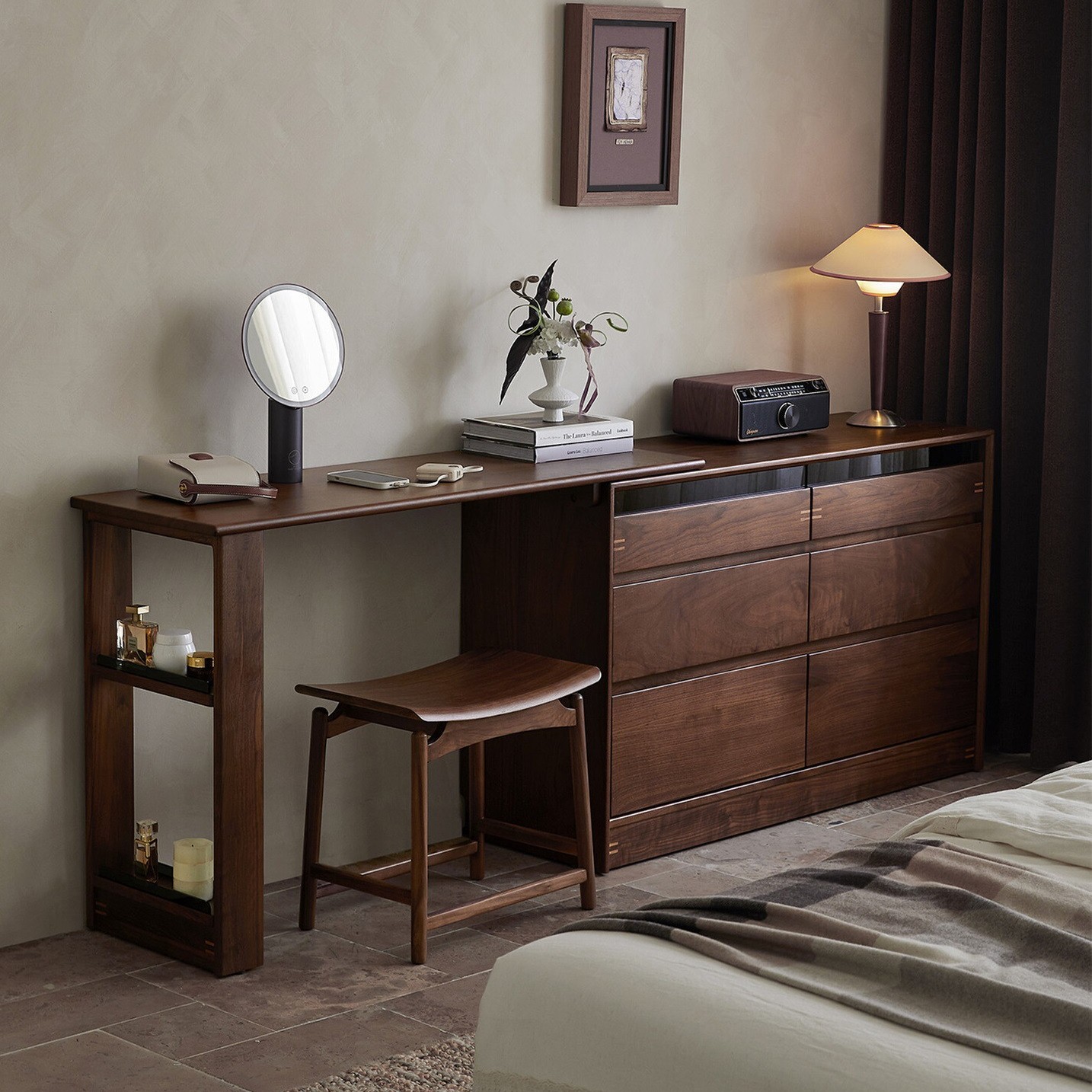 North American Black Walnut Solid Wood Dresser and Cupboard Integrated Retractable Dressing Table Bedroom Bedside and Bedside Storage Cabinet