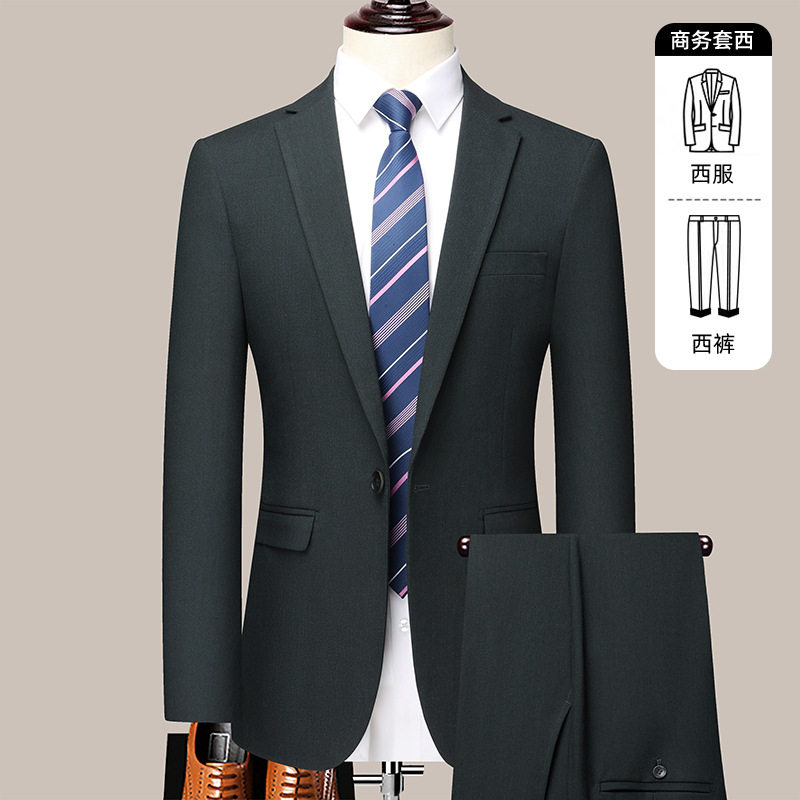 Bộ vest nam công sở dáng thon, áo vest một hàng cúc xẻ tà bên hông, phù hợp đi làm và dự đám cưới — Màu đen, Xanh navy, Đen xanh lục
