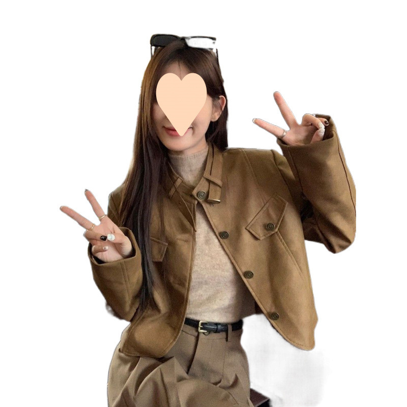美拉德咖色复古皮衣春秋小个子美式夹克上衣外套百褶短裙两件套女|undefined