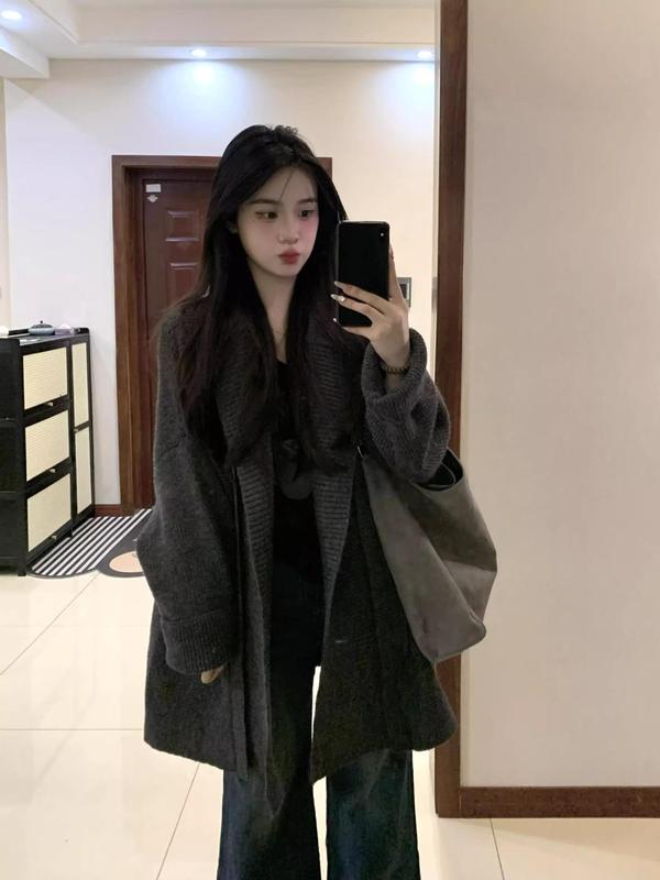 慵懒风宽松休闲针织开衫女秋冬保暖气质百搭中长款毛衣外套|undefined
