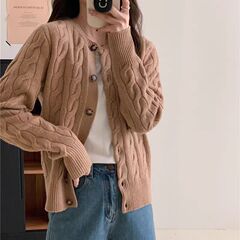 秋季新款女装麻花针织开衫女圆领单排扣长袖短款上衣通勤百搭外套