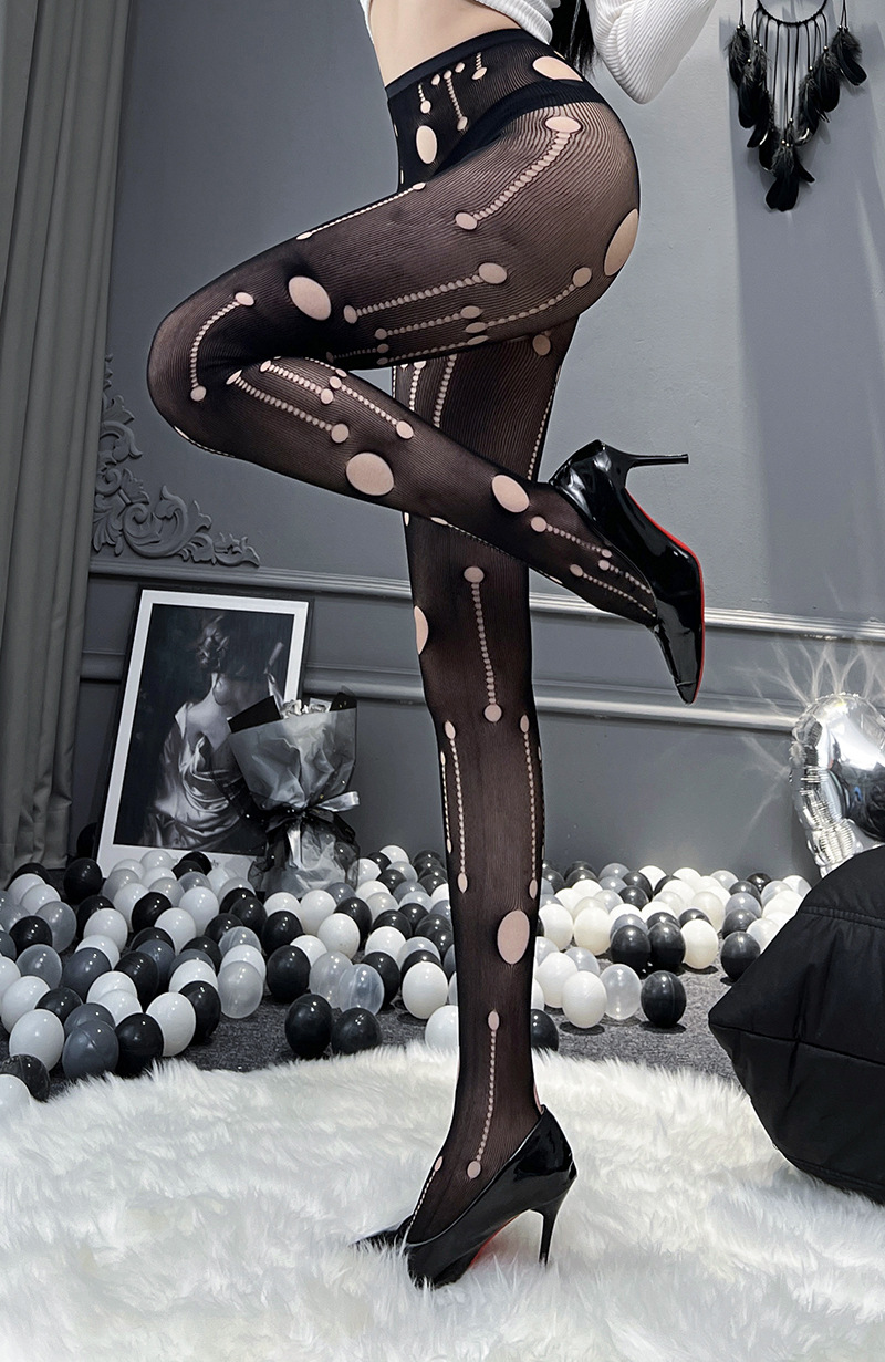 Open-Crotch Lace Stockings with Fake Suspenders, One-Piece Sheer Black Hosiery — detail image 10