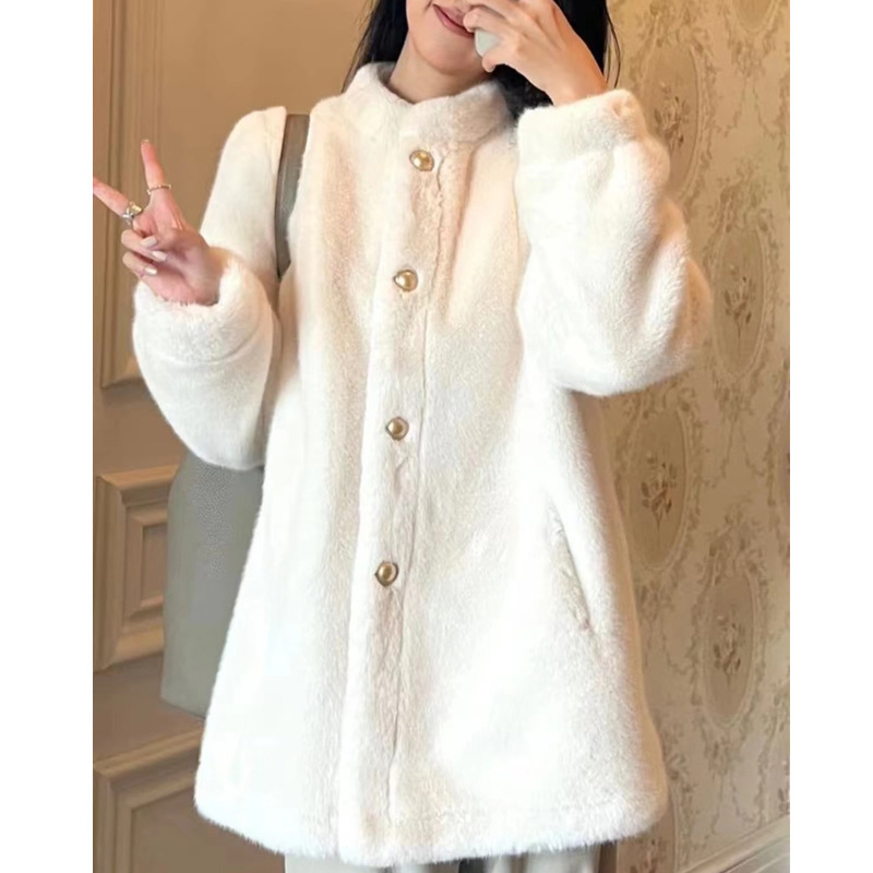 Mid-length Korean style puff sleeve fur coat women's long fur integrated thickened faux mink velvet coat factory wholesale